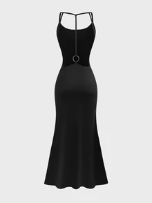 CHARMVALE Women's Solid Color Elegant Backless Cinched Waist Party Maxi Spaghetti Strap Dress - Black - View 7