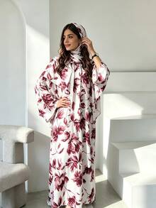 Al Najma Women's Floral Print Casual Daily Prayer Robe - Burgundy - View 5