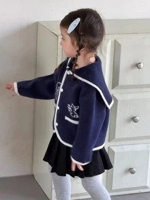 Dazy Kids Infant (Girl) Lapel Long Sleeve Cartoon Embroidered Autumn/Winter Korean Style Cardigan - Navy Blue - View 5