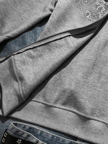 SHEIN EZwear 女款花卉印花水鑽前拉鍊毛茸茸領休閒運動衫，秋冬水鑽拉鍊開襟十字哥德風搖滾女版動漫風 - 淺灰色 - 查看 9