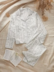 女童睡衣，花卉印花長袖上衣與長褲2件式休閒居家服套裝，適合前青春期女孩，秋冬款 - 杏色 - 查看 1