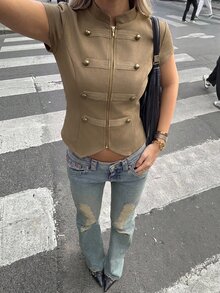 Aloruh 女款優雅70年代復古雙排扣拿破崙披肩袖夾克 米色 夏季哥德風 適合早餐、日常、約會之夜、日間、餐廳晚餐約會 - 駝色 - 查看 6
