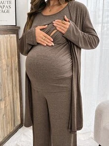Slowluna 孕婦純色背心、長褲、夾克哺乳套裝 秋季 - 咖啡棕 - 查看 9