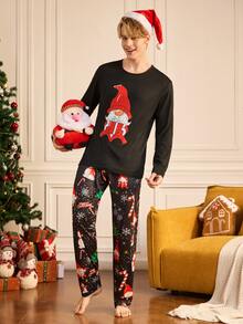 Notgurli Men's Christmas Cartoon Print Long Sleeve Top And Pants Casual Daily Loungewear Set - Multicolor - View 4
