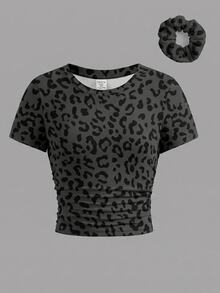 Tween Girls Simple Round Neck Leopard Print Ruched Waist Fitted Short Sleeve T-Shirt, Versatile Style For Spring And Summer - Multicolor - View 2