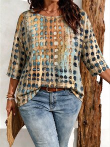 SHEIN LUNE Plus Size Women Casual Vintage Stripe Print Drop Shoulder T-Shirt, Suitable For Summer Wear - Multicolor - View 1