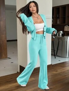 SHEIN EZwear 2件組女款休閒純色寬肩帶開襟衫與抽繩腰寬腿褲套裝，秋季/旅行黑色 - 水鴨藍 - 查看 5