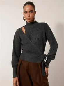 MERLEAU Women's Modern Tie-Front Knit Top - Dark Grey - View 5
