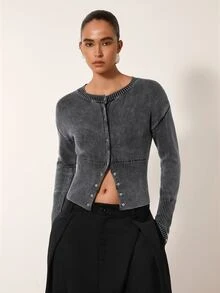 MERLEAU Women's Front Button Long Sleeve Casual Cardigan - Dark Grey - View 5
