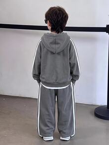 SHEIN 2pcs Kids Tween Boy Casual Minimalist Pony Logo Loose Long Sleeve Zip-Up Hoodie & Sweatpants Set, Suitable For Autumn/Winter - Grey - View 5