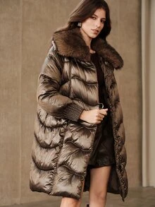 Anewsta Women's Autumn/Winter Modern Retro V-Stitch Quilted Loose Over-The-Knee Winter Coat - Coffee Brown - View 1