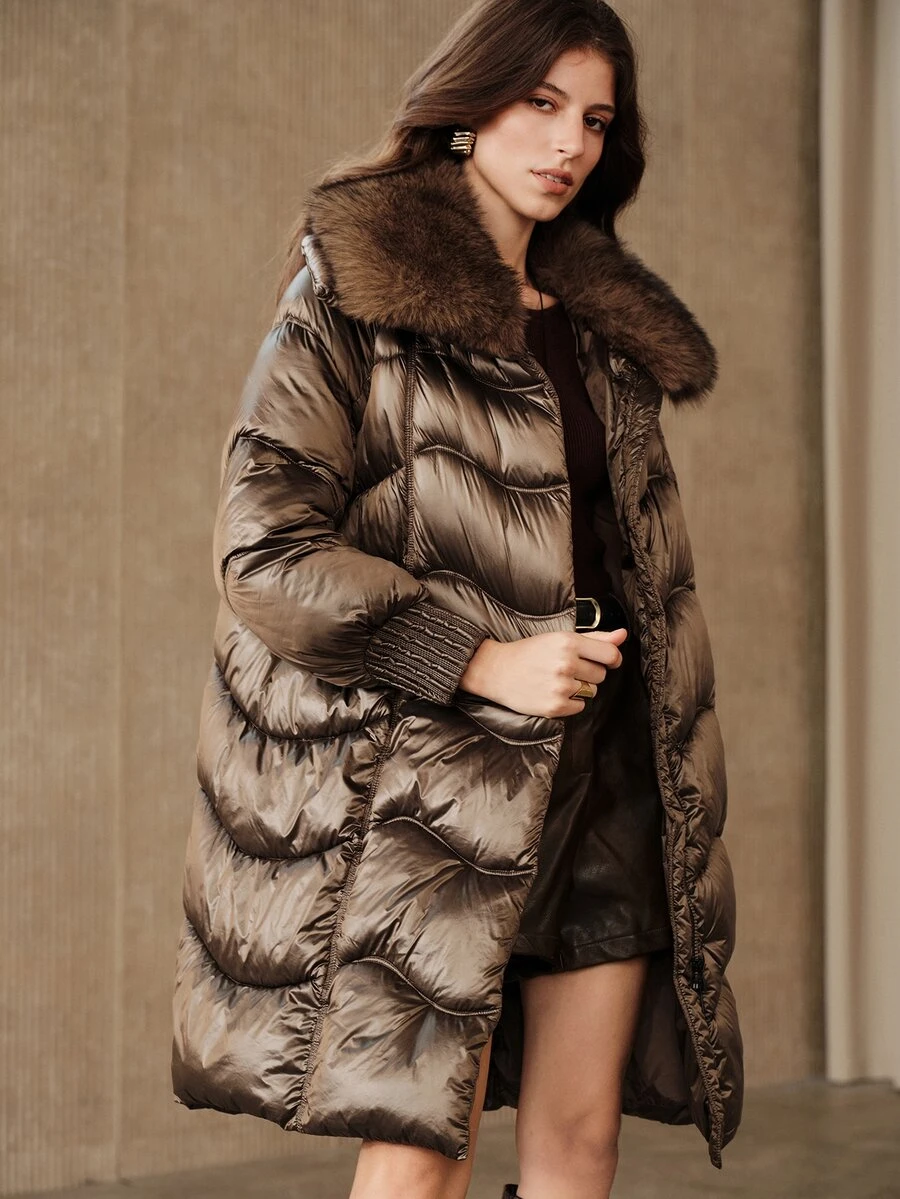 Anewsta Women's Autumn/Winter Modern Retro V-Stitch Quilted Loose Over-The-Knee Winter Coat - Coffee Brown - View 1