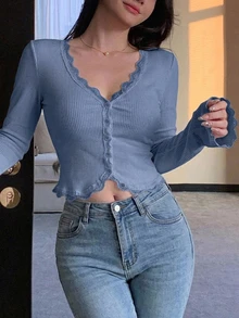 DAZY 秋季藍色鏤空蕾絲拼接休閒甜美婚禮派對修身長袖女款開襟衫T恤 - 藍色 - 查看 4