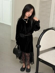 DAZY Tween Girl Lace Patchwork Casual Daily Summer Dress - Black - View 3