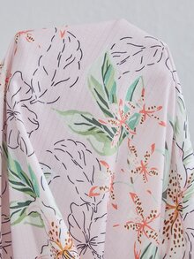 Serenescape Women's Bubble Crinkle Light Pink Floral Vacation Style Print Lapel Cardigan Short Sleeve Long Pants Pajama Set - Pink - View 7