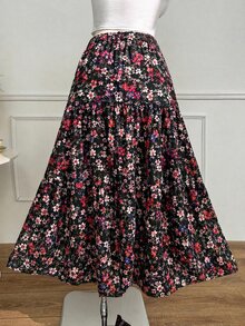 Comfortcana 大尺碼休閒波希米亞膠囊衣櫥碎花彈性腰A字裙，夏季度假加勒比深綠色 - 黑色 - 查看 2