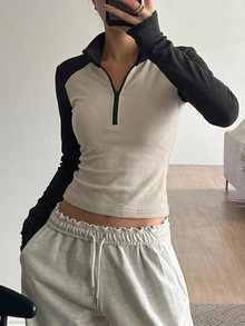 DAZY 女款半拉鍊小立領撞色修身休閒套頭運動衫 秋冬保暖內裡 - 灰色 - 查看 3