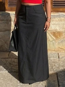 Dazy Plus Solid Color Fitted Long Skirt With Slit - Black - View 6