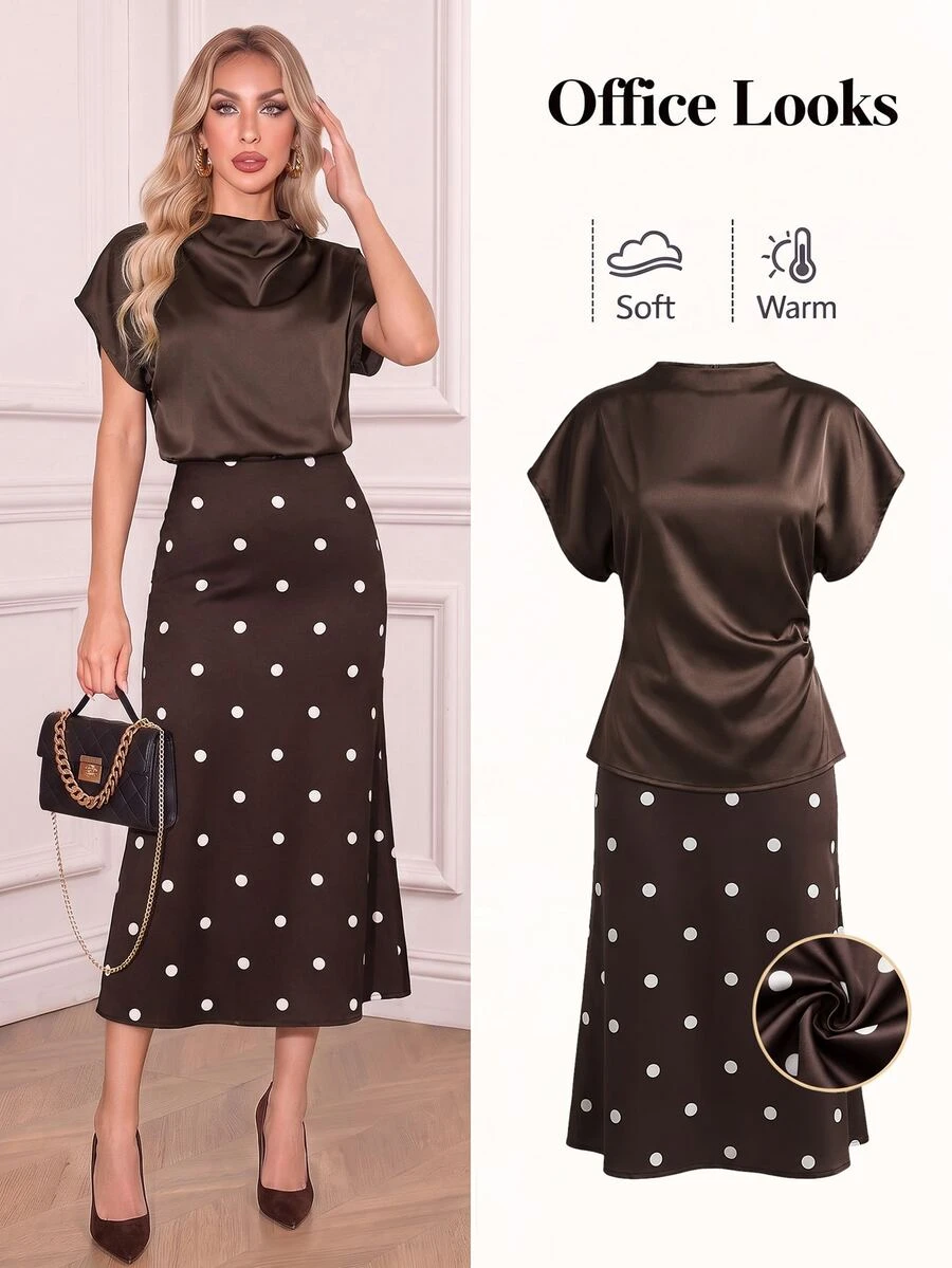 Ellevyn Women's Solid Color Short Sleeve Top And Polka Dot Skirt Casual 2 Pieces Set - Multicolor - View 1