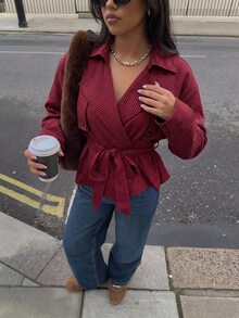 Aloruh 女款秋季時尚格紋風衣外套 辦公室穿搭 棕色 優雅 - 酒紅色 - 查看 3
