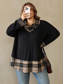 SHEIN CURVE+ Plus Size Women's Fashion Loose Colorblock Patchwork Faux Two-Piece Shirt - Black - View 6