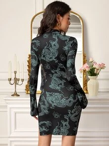 EastFlair Women's Mid-Length Long Sleeve Split Hem Dragon Print Dress - Multicolor - View 6