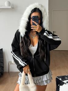 Coolane 女款秋冬學院風休閒運動街頭風社團穿搭日常保暖梭織織帶毛絨拼接黑色拉鍊寬鬆連帽衛衣 - 黑色 - 查看 4