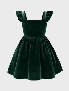 SHEIN 少女深酒紅色休閒純色洋裝 - 綠色 - 查看 4