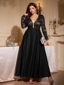 Reflora Plus Size Sweet Lace Ruffle Long Sleeve Dress - Black - View 5