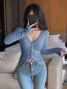 DAZY 秋季藍色鏤空蕾絲拼接休閒甜美婚禮派對修身長袖女款開襟衫T恤 - 藍色 - 查看 1