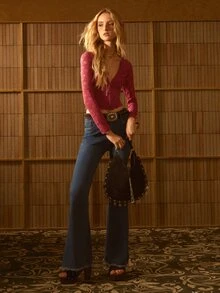 MOTF STUDIO WOMEN'S AUTUMN/WINTER FRONT HOOK V-NECK WAIST-CINCHING LONG SLEEVE SHORT SHIRT - Hot Pink - View 5