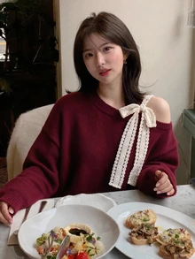 DAZY Sweater Wanita Longgar Warna Blok dengan Patchwork Renda Kasual Elegan Warna Merah - Burgundy - View 6