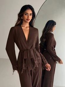 Aloruh Women's Autumn/Winter Party Lace Patchwork Button-Down Shirt And Lace Wide-Leg Pants 2 Pieces Set - Brown - View 2