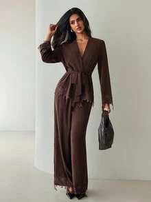 Aloruh Women's Autumn/Winter Party Lace Patchwork Button-Down Shirt And Lace Wide-Leg Pants 2 Pieces Set - Brown - View 3