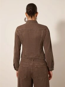 MERLEAU Áo khoác denim nữ thời trang hiện đại, một hàng khuy, trang trí túi - Màu Khaki - Xem 2