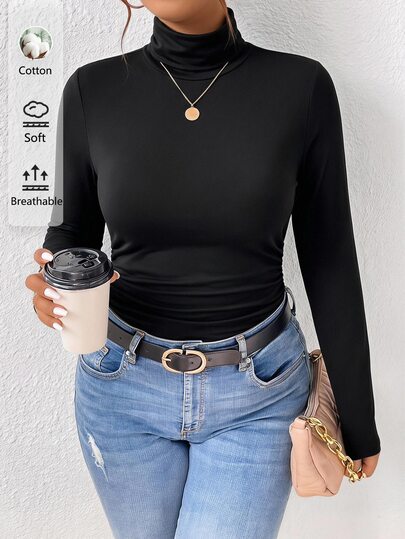 SHEIN Frenchy Women's Plus Size High Neck Long Sleeve Black T-Shirt, Autumn/Winter