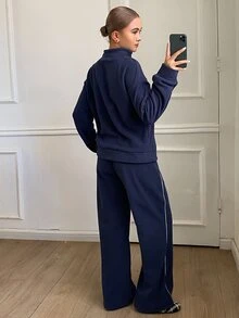 DAZY Women's Navy Blue Stand Collar Half-Zip Pocket Contrast Stitching Loose Long Sleeve Top And Matching Wide Leg Pants 2 Pieces Set - Brown - View 2