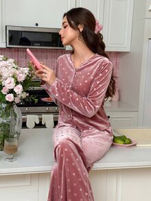 SweetSlumber Women's Glossy Heart Embossed Velvet INS Sweet Pajama Set - Dusty Pink - View 3
