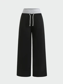 SHEIN 青少年女孩秋冬休閒基礎極簡風羅紋腰鬆寬腿抽繩運動長褲 混色灰 - 黑色 - 查看 3
