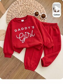 SHEIN 女嬰字母印花長袖衛衣與長褲休閒日常套裝 - 紅色 - 查看 1