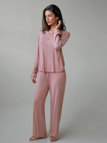 DAZY Women's Solid Color Single-Breasted Long Sleeve Top And Pants Pajama Set - Pink - View 4