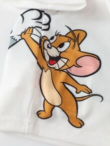 TOM & JERRY X SHEIN 女嬰卡通圖案短袖圓領T恤與條紋短褲2件套 - 紅色 - 查看 5