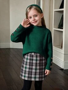 SHEIN 少女美式學院風服飾套裝，紋理長袖T恤上衣搭配同色系鈕扣裙 2件套套裝 - 墨綠色 - 查看 3