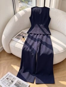 SHEIN 女童休閒時尚背心與長褲兩件套，修身舒適，適合夏季日常通勤、海灘度假、戶外玩耍 - 黑色 - 查看 2