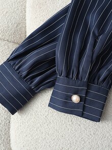 GlowEve New Women's Elegant Commute Blue Striped Button Design Top + Wide Leg Long Pants 2 Pieces Set - Navy Blue - View 5