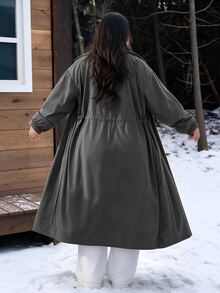 Easura Plus Size Autumn/Winter Long Sleeve Cinched Waist Long Padded Padded Coat - Dark Grey - View 2