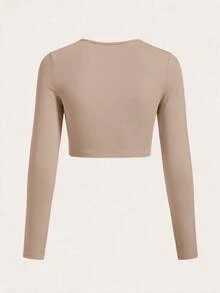 SHEIN BASICS 女款純色圓領短版上衣 黑色上衣 秋季女裝 日常簡約極簡風 - 卡其色 - 查看 2