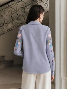 Anewsta Women's Elegant Urban Striped Loose Long Sleeve Heavy Embroidery Blouse For Commuting, Office, Home Wear - Multicolor - View 6