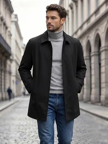DAZY Vår/Höst Mellanlång svart lös passform enfärgad herrpendlar trenchcoat - Svart - Visa 9