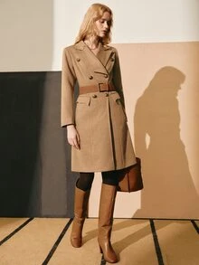MOTF PREMIUM WOMEN'S LONG SLEEVE DOUBLE-BREASTED LAPEL ELEGANT COAT, AUTUMN/WINTER - Khaki - View 5